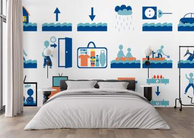 Flood disaster warning and hazard icon set Wall mural