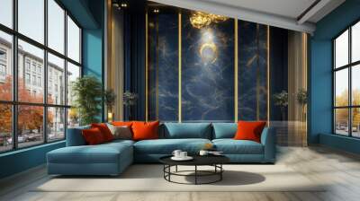 Luxurious modern interior with high ceiling and floor-to-ceiling windows for abundant natural light, featuring marble accents, gold details, and a large marble statue as the focal point. Wall mural