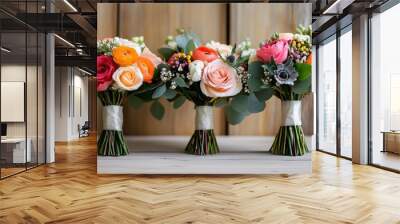 Vintage Floral Arrangements in Distressed Wooden Setting Wall mural