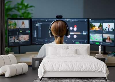 Woman Editing Video Content on Multiple Monitors Wall mural