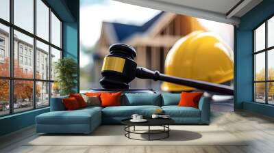  court gavel and yellow construction helmet on table with blurred house in background Wall mural