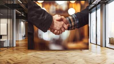 A close-up of two hands shaking, symbolizing agreement or partnership in a business setting. Wall mural