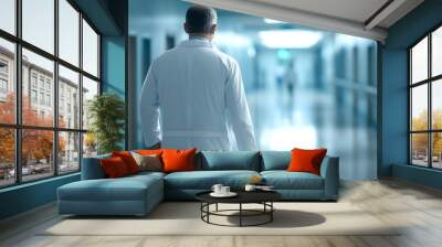 A male doctor in a white coat walking down a hospital corridor, Wall mural