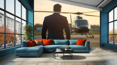 A man in a suit approaches a helicopter at sunset, suggesting business or travel intent. Wall mural