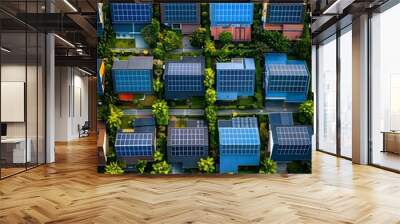 Aerial view of residential houses with solar panels on the roofs with green trees Wall mural