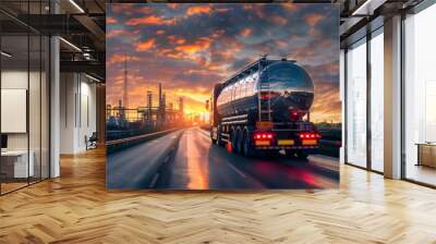 an industrial truck with a large tank on the back, carrying oil or chemical liquid Wall mural