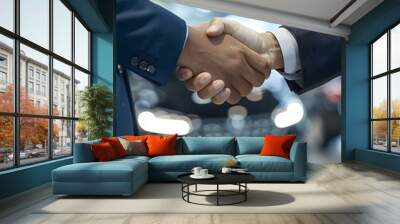 Close up of a handshake between a sales manager and a customer at a car showroom Wall mural