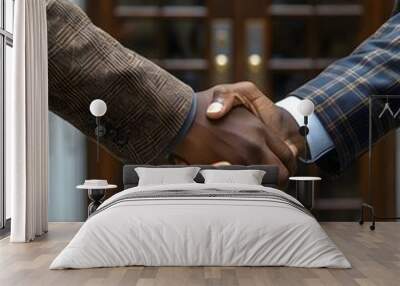 Close-up of two businessmen shaking hands in a luxury hotel lobby Wall mural