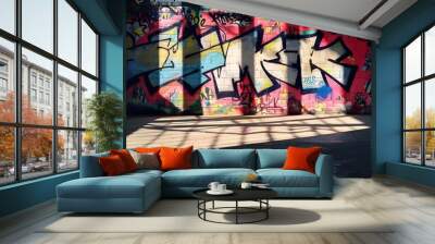 Colorful graffiti on the walls with shadows and sunlight. background for product phorography Wall mural