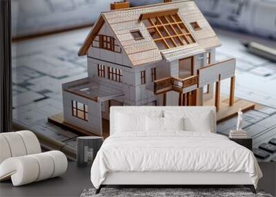 miniature model of house and calculator on top of construction plans  Wall mural