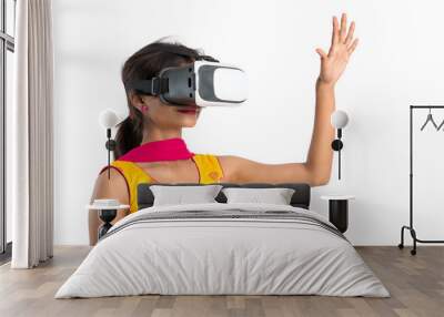 Indian traditional young girl holding and showing VR device, vr box, goggles, 3D Virtual Reality Glasses headset, Girl with Modern imaging Future technology on white background. Wall mural