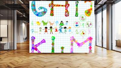 preschool elements: letters, kids, animals, numbers Wall mural