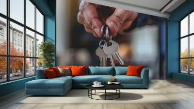 The real estate agent handed over the keys and a miniature house on table Wall mural