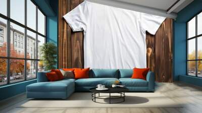 white t-shirt mockup on wooden background Wall mural