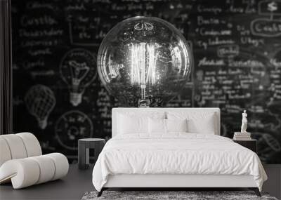 A glowing light bulb shines before a chalkboard filled with notes and sketches, symbolizing inspiration and creativity in an academic or brainstorming environment. Wall mural