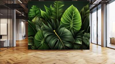 A lush tropical background featuring an assortment of vibrant green leaves and golden accents, perfect for creating a refreshing and natural atmosphere Wall mural