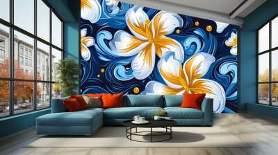 A vibrant design featuring large white flowers with golden accents on a swirling blue background. The composition has a dynamic flow, perfect for textiles or wallpapers. Wall mural