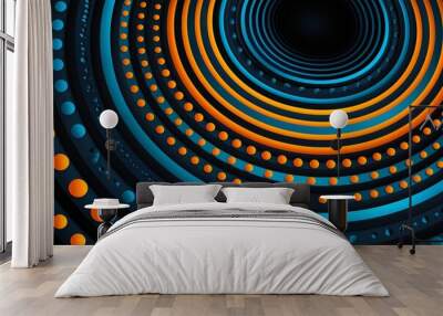 Abstract design featuring vibrant blue and orange concentric circles with dotted accents. The patterns create a sense of depth and movement that draws the eye towards the center. Wall mural