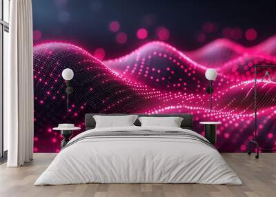 Colorful digital waves pulse with vibrant pink particles, creating an energetic visual effect Wall mural