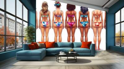 Seven models display trendy swimwear featuring vibrant floral patterns and different hairstyles, emphasizing diversity in body shapes and styles during a summer fashion showcase. Wall mural