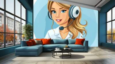 Stock photo of a smiling female customer service rep in a studio with solid background. She wears a headset, looks friendly, holds pen paper. Ideal for websites or marketing materials Wall mural