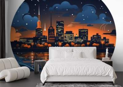 The skyline glows with vibrant city lights under a starry sky, reflecting softly on the river's surface. Clouds drift lazily above, creating a serene twilight ambiance in the bustling metropolis. Wall mural