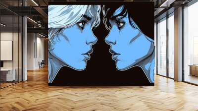 The two individuals face each other closely, showcasing intense expressions. Their contrasting hair colors and styles highlight the emotional depth of the moment, set against a dark backdrop. Wall mural