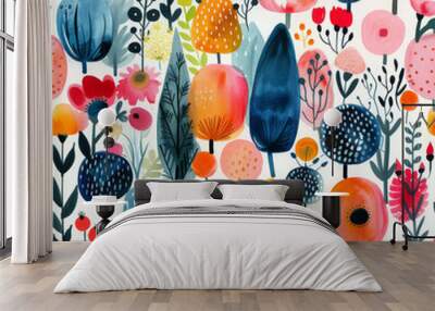 This artwork showcases a vibrant arrangement of abstract flowers and plants, with an array of colors set against a clean white backdrop. The design includes various shapes and textures. Wall mural