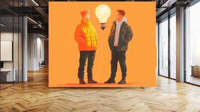 Two friends stand facing each other, engaged in thoughtful conversation. A glowing light bulb connects them, symbolizing creativity and inspiration. The vibrant orange background enhances the mood. Wall mural