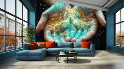 Two hands are open wide, showcasing vibrant glittering particles that resemble stars or cosmic dust in a dark setting, creating a mesmerizing visual effect that suggests beauty and mystery. Wall mural