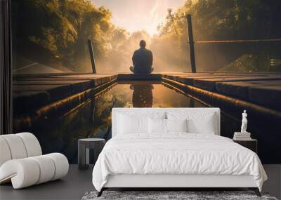 A person sitting peacefully on a dock by a tranquil lake at the golden sunset hour and enjoying the relaxing outdoor landscape. Generative AI. Wall mural