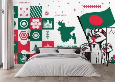 Bangladesh national day banner with Bengali flag colors theme background and geometric abstract retro modern green red design. Bangladesh Dhaka map icon. Vector Illustration. Wall mural