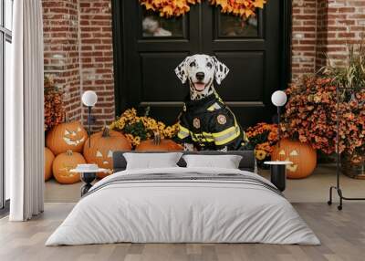 Dalmatian Dog in Firefighter Costume with Jack O Lanterns for Halloween Wall mural