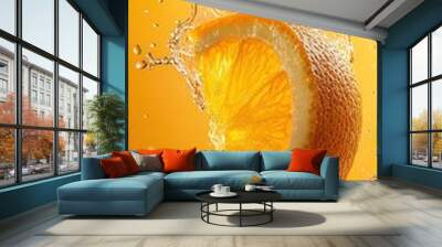 Fresh Orange Slice Splashing in Water on Yellow Background Wall mural