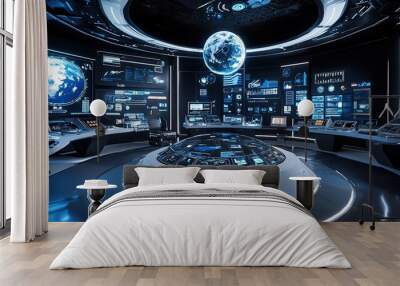 Futuristic Control Room with Screens and Holographic Earth Wall mural