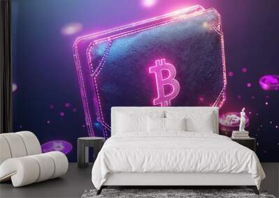 Glowing Bitcoin Wallet   Digital Currency  Cryptocurrency  Blockchain Concept Wall mural