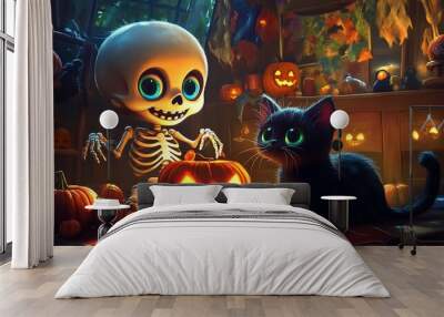 Skeleton and Black Cat with Jack-o'-Lanterns for Halloween Wall mural