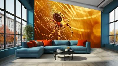 Spider in Web with Golden Light Wall mural