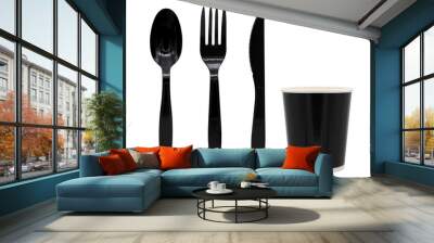 Black plastic spoon fork knife and cup on transparent background (PNG File) Wall mural