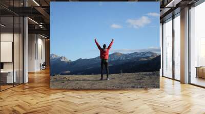 Back view of successful sporty man celebrating training goals towards and freedom on the mountain and sky in late winter. Wall mural