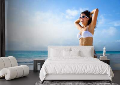 Woman on tropical caribbean vacation joy Wall mural