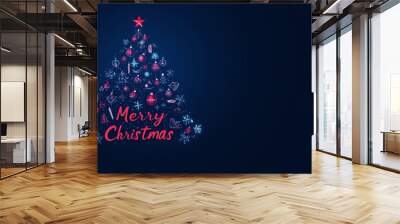 Abstract Christmas tree shape made of Christmas decorations, text 