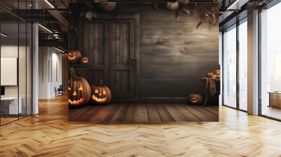 AI generated, photorealistic Halloween background during a dark night. Illuminated pumkins with scary faces in an old wooden barn. Halloween. Wall mural