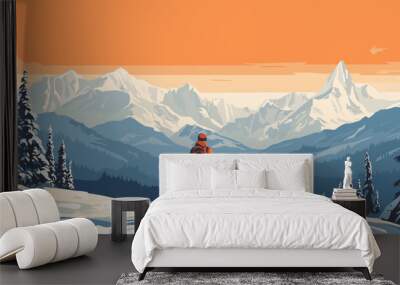 Ai generated. Vector illustration. Advertisement for ski vacations. People are standing on the ski slope. Landscape with snowy Mountains. Mountain range and pine trees. Copy space is available. Wall mural