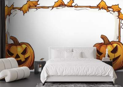 cartoon halloween pumpkin sign border white background with jack-o-lantern border around the outside. Halloween mockup mock-up for invitation card, greeting card, publicity poster.  Wall mural