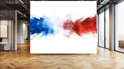 Colored powder explosion in the colors of the french flag on a white background. Beautiful design for poster, publicity brochure, olymic games in Paris, Tour de France. Wall mural