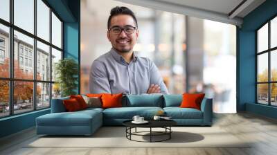 copy space, best job candidate hispanic male, age around 30, indoor business office related background. Succesful hispanic business man. Business concept. Young hispanic man looking for a job. Wall mural