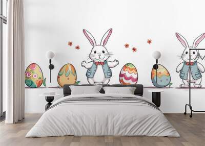 copy space, simple vector illustration set, cute easter bunny carrying easter eggs, isolated on white background, cartoon hand drawn style appealing to children. cartoon style appealing to children. B Wall mural