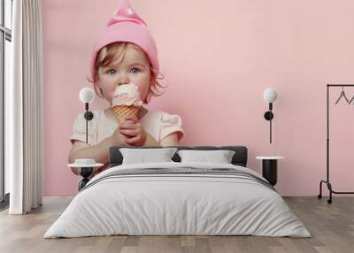 copy space, stockphoto, cute little toddler with melting icecream. Portrait of a cute toddler eating an ice cream. Summer theme, Summer is comming. Cute child portrait. Wall mural