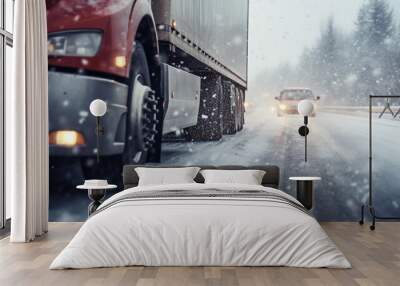 copy space, stockphoto, Extreme close up of a truck driving down a highway at snow day. Heavy truck on snowy and ice road. Dangerous weather condition for driving. Wall mural